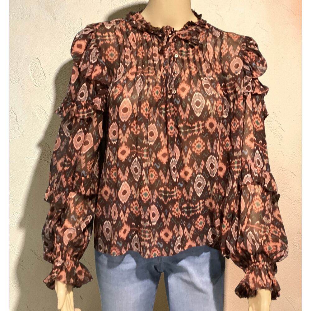 Ulla Johnson 100% Silk Ikat Print Ruffle Sleeve Miray Blouse size 4/S